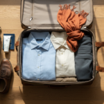 Flat lay of organized luggage featuring linen clothes, a light jacket, umbrella, and travel gear for India in October.