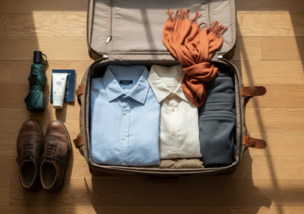 Flat lay of organized luggage featuring linen clothes, a light jacket, umbrella, and travel gear for India in October.