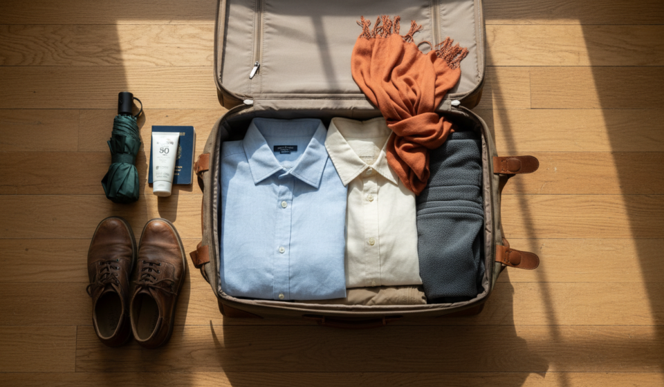 Flat lay of organized luggage featuring linen clothes, a light jacket, umbrella, and travel gear for India in October.