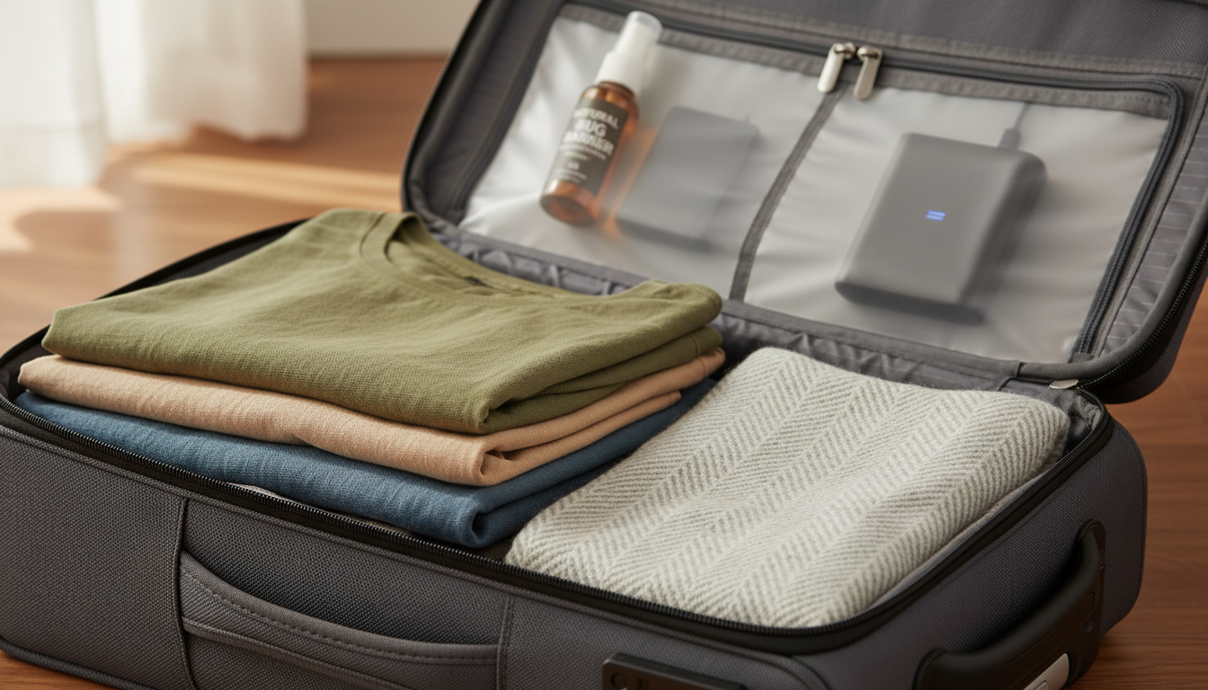 Close-up of neatly folded linen shirts, a pashmina shawl, and essential electronics inside a travel bag.