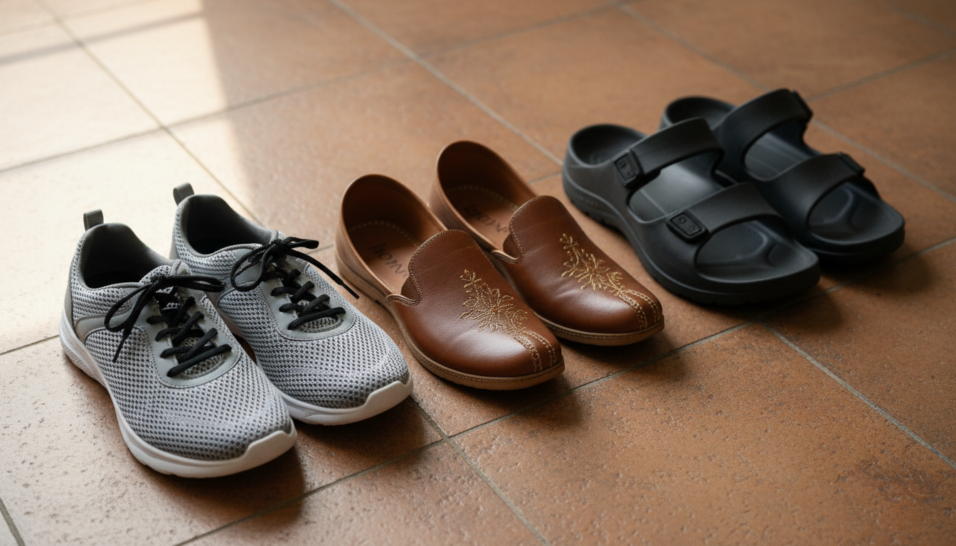 Three pairs of shoes including breathable sneakers, leather slip-on mojris, and waterproof sandals on a tiled floor.