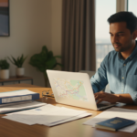 Indian man reviewing travel documents and passport at a sunlit wooden desk.