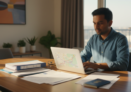 Indian man reviewing travel documents and passport at a sunlit wooden desk.