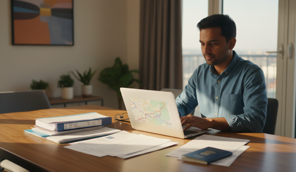 Indian man reviewing travel documents and passport at a sunlit wooden desk.
