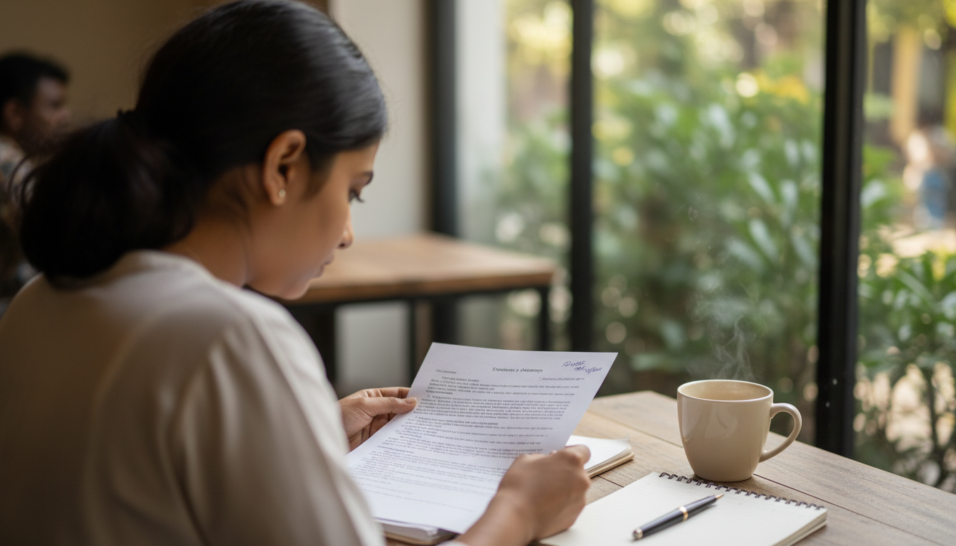 Woman in a coffee shop reading printed document pages next to a coffee cup.