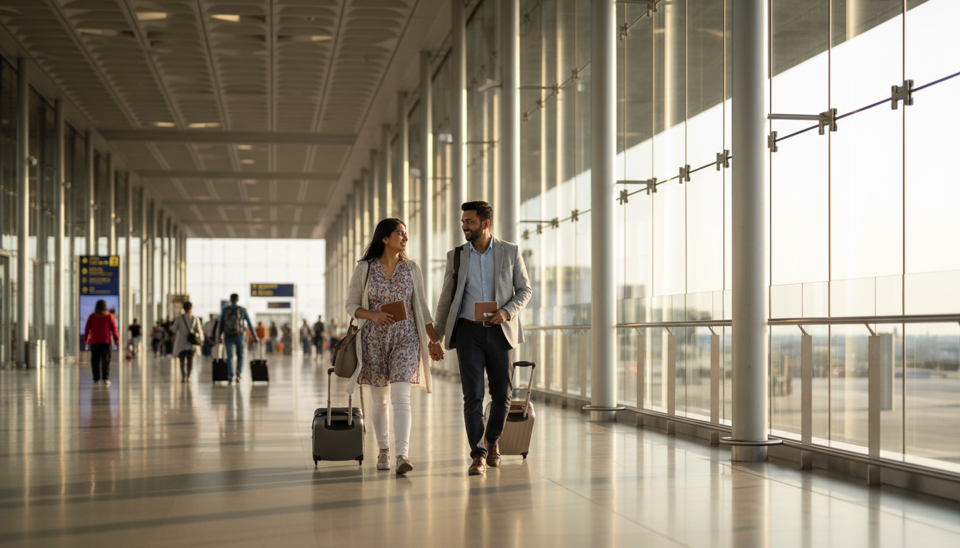 Indian couple walking through a modern, sunlit airport terminal carrying luggage.