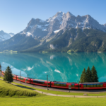 A red passenger train traveling along a blue Swiss lake with snow-capped alpine peaks in the background.