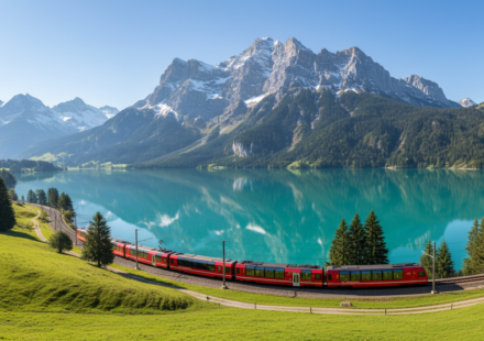 A red passenger train traveling along a blue Swiss lake with snow-capped alpine peaks in the background.