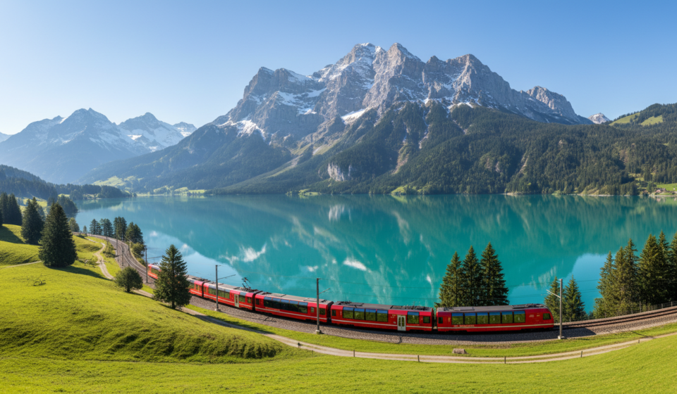 A red passenger train traveling along a blue Swiss lake with snow-capped alpine peaks in the background.