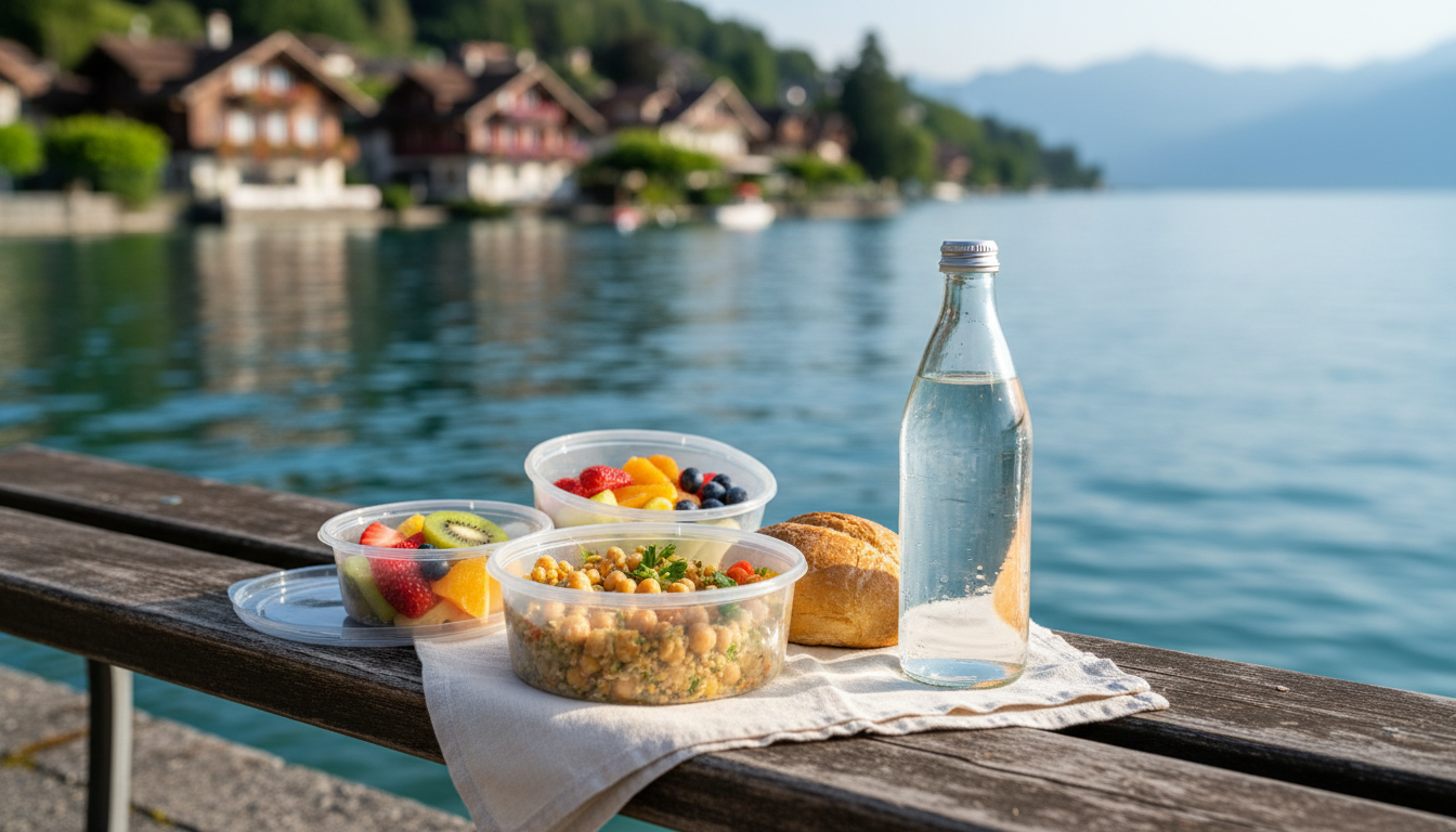 A fresh takeaway lunch spread out on a wooden bench overlooking a calm alpine lake in Switzerland.