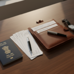 An Indian passport, leather document holder, pen, and printed papers arranged neatly on a dark wooden desk.