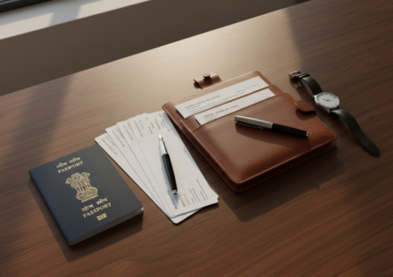 An Indian passport, leather document holder, pen, and printed papers arranged neatly on a dark wooden desk.