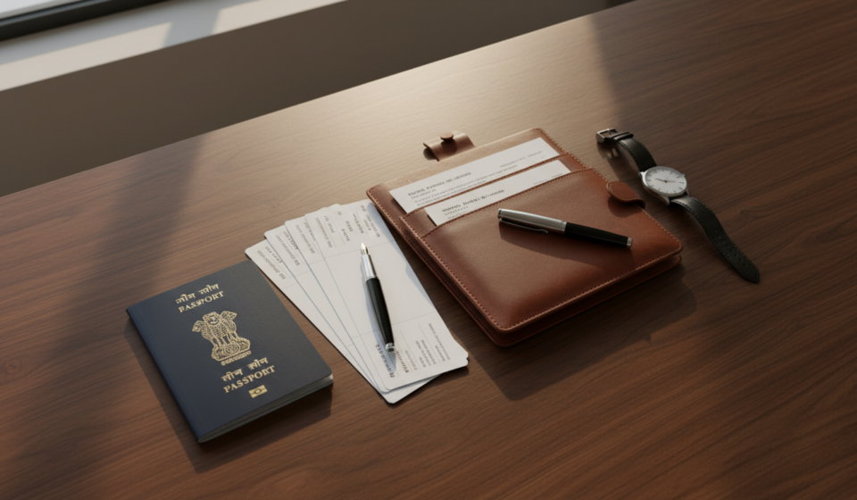 An Indian passport, leather document holder, pen, and printed papers arranged neatly on a dark wooden desk.