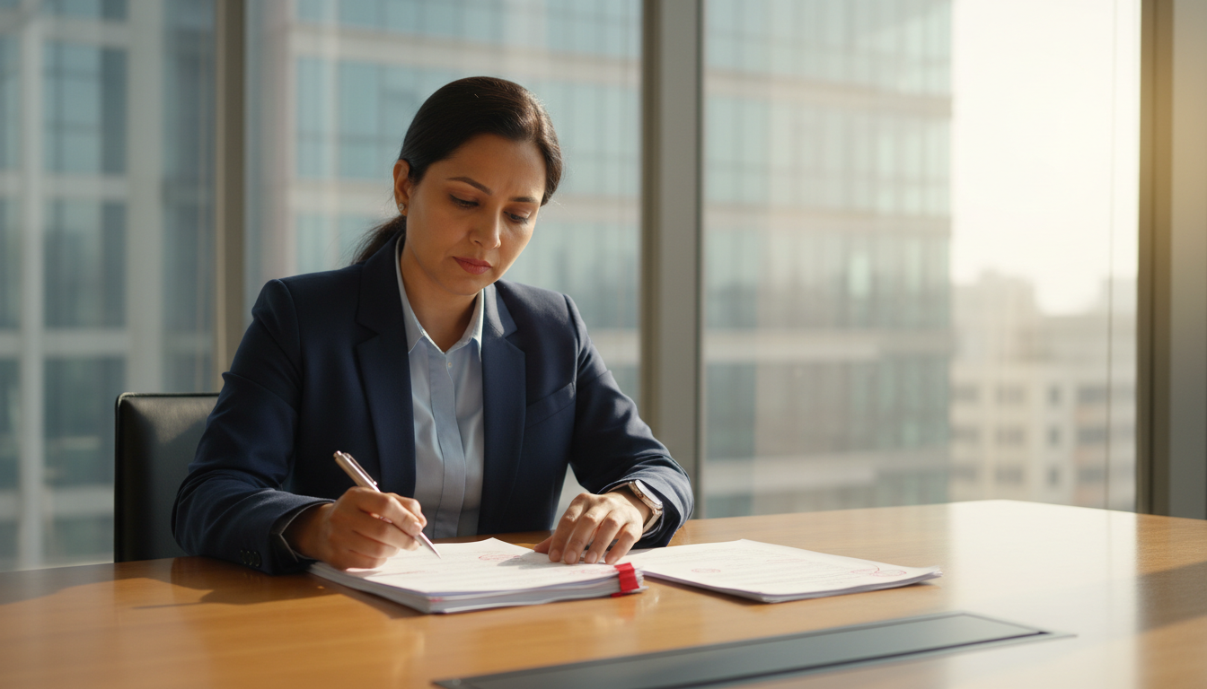 An Indian business professional in a suit reviewing stamped financial and corporate documents at an office desk.