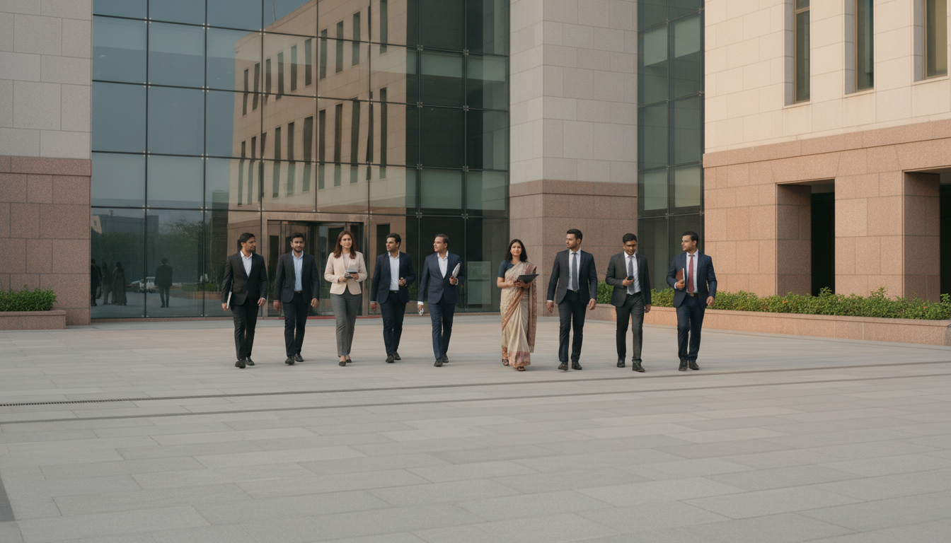 Business travellers carrying document folders while walking toward a modern glass and granite building entrance.